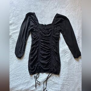 Rouche Black Spring Summer Mini Dress Longsleeve